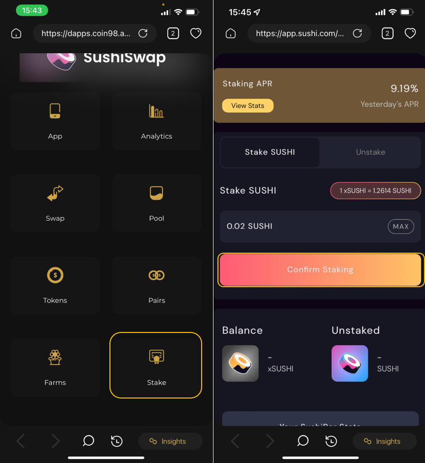 Instructies voor het gebruik van SushiSwap direct op Coin98 Super App