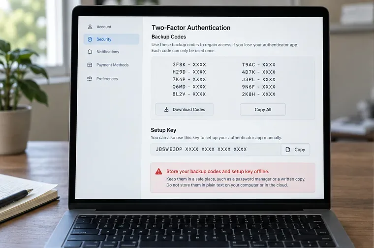 Beispielseite zur Zwei-Faktor-Authentifizierung mit maskierten Backup-Codes und einem Einrichtungsschlüssel sowie einer Warnung zur Offline-Speicherung