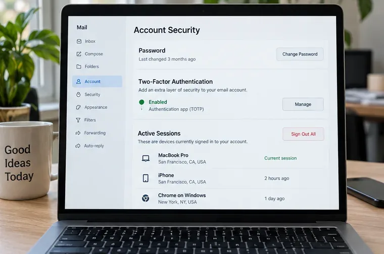 Beispielhafte E-Mail-Sicherheitsseite mit Anzeige von Passwort, Zwei-Faktor-Authentifizierung und aktiven Sitzungen