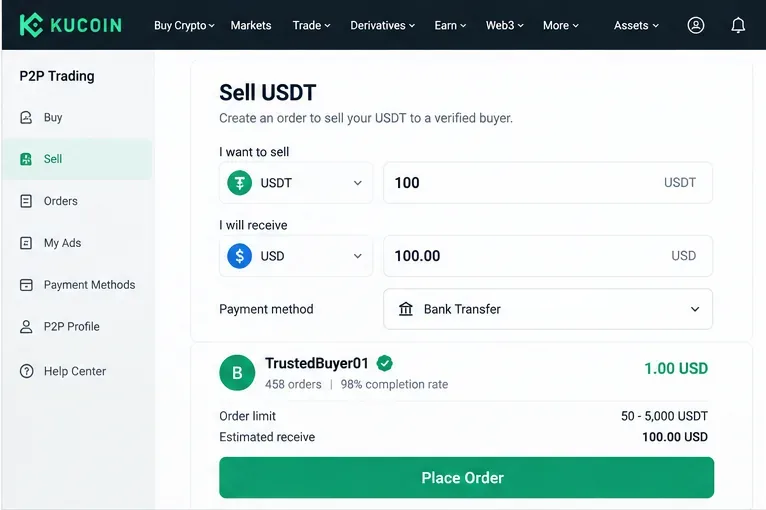 หน้าจอแสดงผลการขาย USDT แบบ P2P แสดงจำนวนคริปโต จำนวนเงินสด การโอนเงินผ่านธนาคาร ข้อมูลผู้ซื้อ วงเงินสั่งซื้อ และปุ่ม "สั่งซื้อ"