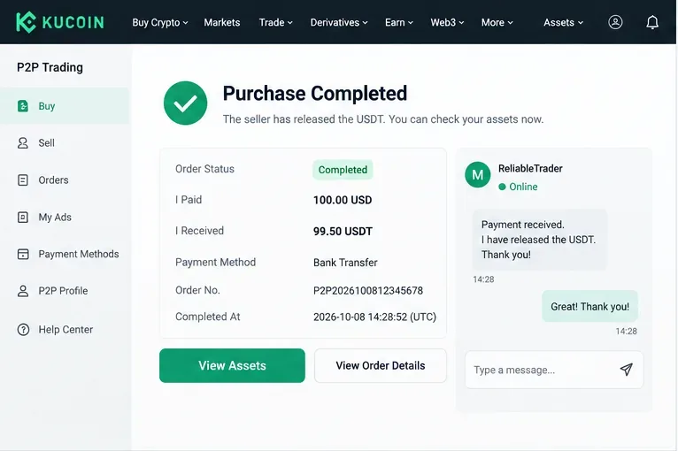 หน้าจอแสดงผลการซื้อขาย USDT แบบ P2P ที่เสร็จสมบูรณ์ แสดงสถานะ การชำระเงิน จำนวนที่ชำระ คริปโตที่ได้รับ วิธีการชำระเงิน หมายเลขคำสั่งซื้อ และปุ่ม "ดูสินทรัพย์"