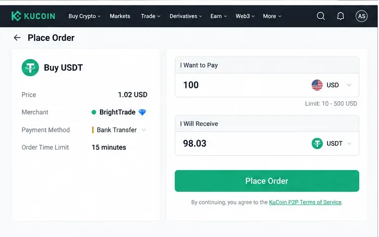 ตัวอย่างคำสั่งซื้อ USDT แบบ P2P แสดงราคา ร้านค้า การโอนเงินผ่านธนาคาร ระยะเวลาการสั่งซื้อ จำนวนเงิน (สกุลเงินทั่วไป) จำนวนเงินคริปโต และปุ่ม "สั่งซื้อ"