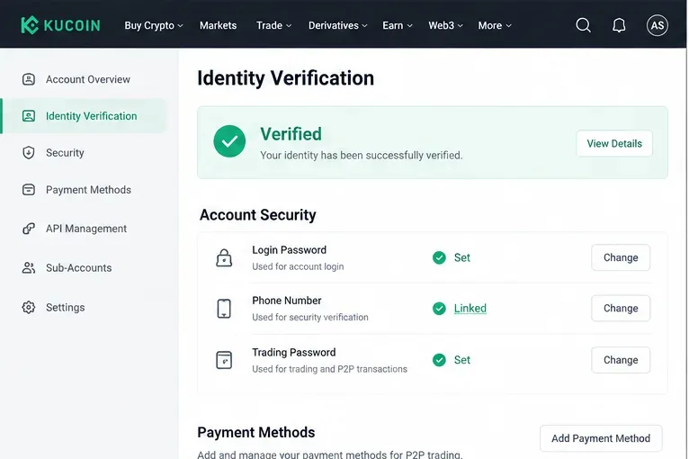 หน้าจอเตรียมบัญชี KuCoin แสดงการยืนยันตัวตน ความปลอดภัยของบัญชี หมายเลขโทรศัพท์ รหัสผ่านการซื้อขาย และการตั้งค่าวิธีการชำระเงิน