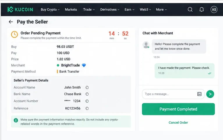 หน้าจอการชำระเงินแบบ P2P แสดงรายละเอียดบัญชีธนาคารของผู้ขาย การนับถอยหลังการชำระเงิน แชทกับผู้ขาย ปุ่ม "การชำระเงินเสร็จสมบูรณ์" และตัวเลือก "ยกเลิกคำสั่งซื้อ"