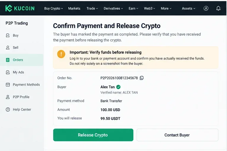 หน้ายืนยันการขายแบบ P2P พร้อมคำเตือนให้ตรวจสอบเงินทุนก่อนปล่อยคริปโต โดยแสดงชื่อผู้ซื้อ จำนวนเงินโอนผ่านธนาคาร ปุ่ม "ปล่อยคริปโต" และปุ่ม "ติดต่อผู้ซื้อ"