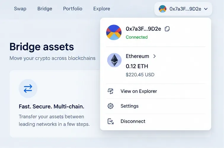 Visualizzazione illustrativa del portafoglio che mostra un account Ethereum connesso prima del trasferimento degli asset.