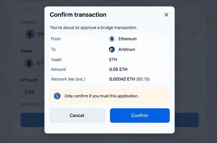 Esempio di finestra di dialogo di conferma del portafoglio per una transazione bridge da Ethereum ad Arbitrum, con campi relativi all'importo e alle commissioni di rete.