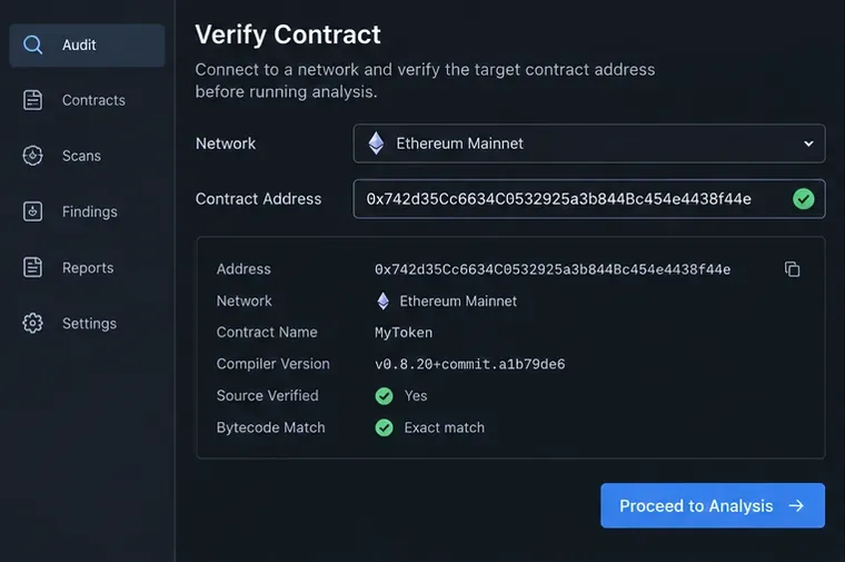 Generischer Bildschirm zur Vertragsverifizierung mit Anzeige von Ethereum Mainnet, einer Vertragsadresse, der Compilerversion, dem Status der Quellcodeverifizierung und einer exakten Bytecode-Übereinstimmung