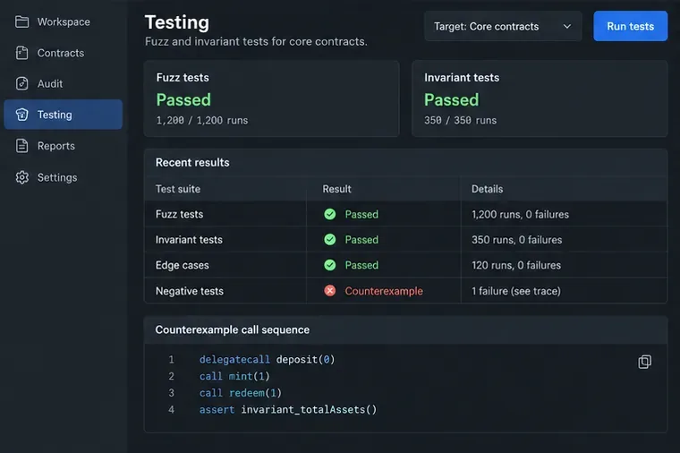 Generisches Test-Dashboard mit Anzeige der bestandenen Fuzz-Tests, der bestandenen Invariantentests und einer Gegenbeispiel-Aufrufsequenz