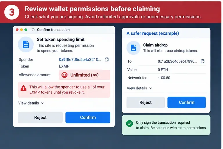 Illustrative wallet confirmation comparing an unlimited token spending permission with a simple claim transaction that does not request extra token authority.