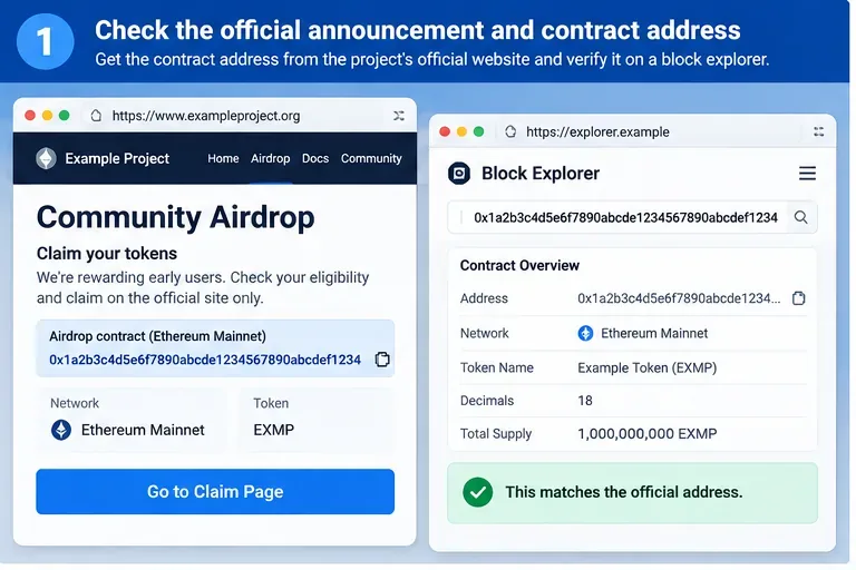 Illustrative airdrop page showing an official claim contract address beside a block explorer page with the same address.