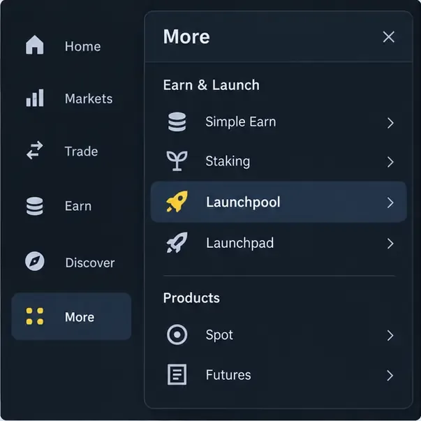 Meniu de schimb ilustrativ cu Mai multe deschise și Launchpool evidențiat lângă Launchpad