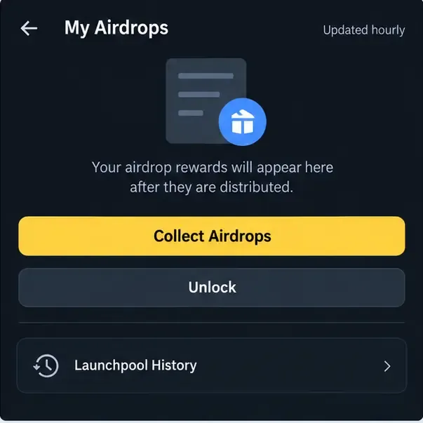 Ecran ilustrativ al Airdrop-urilor mele care prezintă recompensele orare actualizate, Colectarea Airdrop-urilor, Deblocarea și Istoricul Lansării