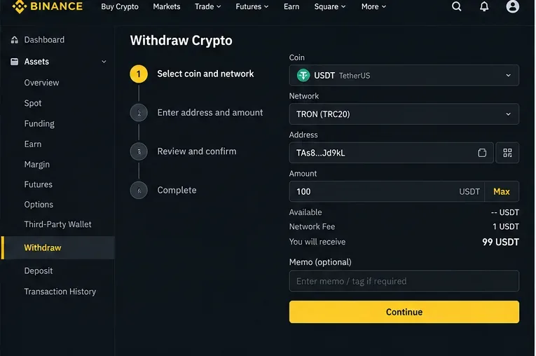 Binanceスタイルの暗号通貨出金フォームの例。USDT、TRON TRC20、送金先アドレス、100 USDTの金額、ネットワーク手数料、受取金額、オプションのメモ欄、および「続行」ボタンが表示されます。