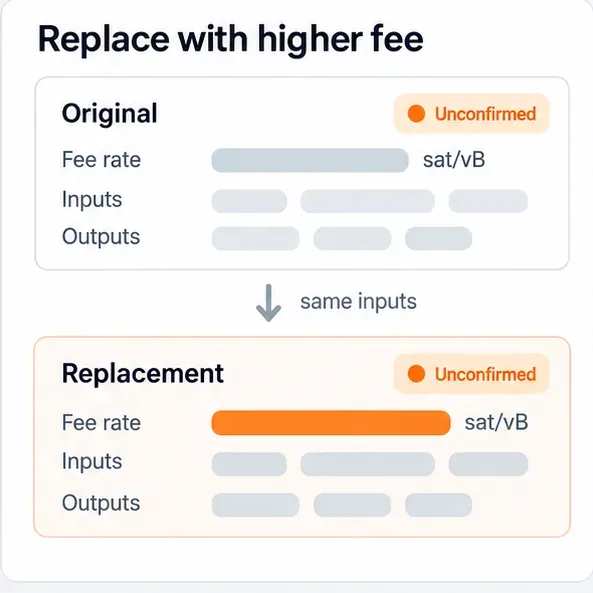 A schematic fee-replacement screen compares an original unconfirmed transaction with a replacement showing a higher fee rate and the same inputs.