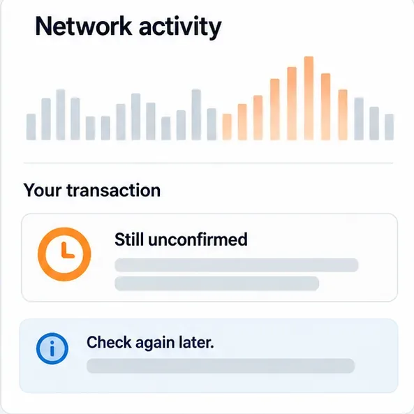 A schematic transaction status screen shows a network-activity chart, a Still unconfirmed message, and a Check again later reminder.