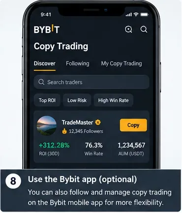 ภาพหน้าจอแอปพลิเคชัน Bybit Copy Trading บนมือถือ แสดงการค้นหาเทรดเดอร์และปุ่มคัดลอก (Copy)