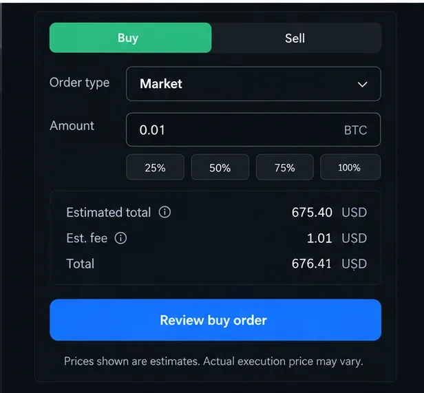 Market buy review screen showing order amount, estimated total, fee, and review button.