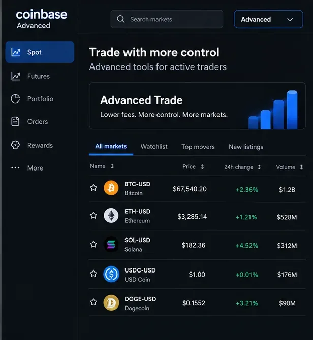 Coinbase Advanced markets view with spot markets, search, and a list of crypto trading pairs.