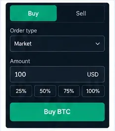 Buy panel set to a market order with a dollar amount field and Buy BTC button.