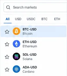 Market search showing BTC-USD, ETH-USD, SOL-USD, and ADA-USD choices.