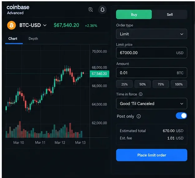 BTC-USD limit-order screen with limit price, amount, Good Til Canceled setting, and post-only control.