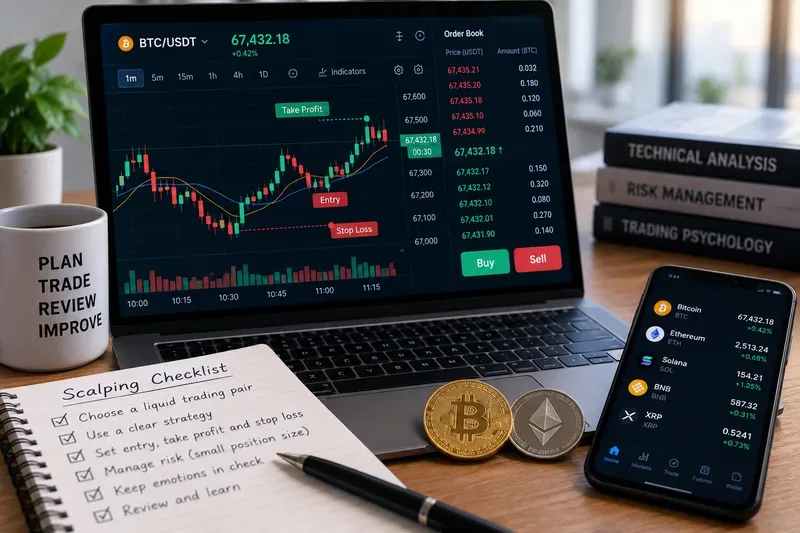 筆記型電腦旁邊是加密貨幣交易螢幕，上面顯示了入場標記、止盈位、止損位、訂單簿和一份手寫的超短線交易清單。