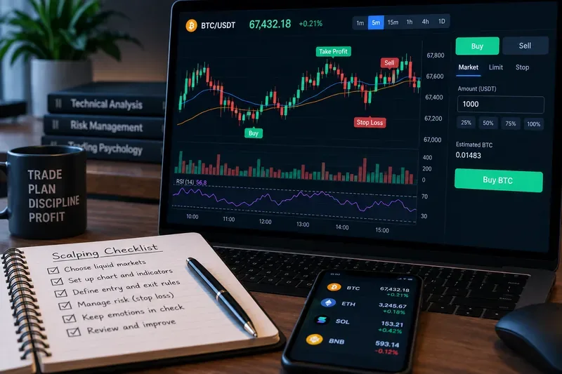BTC 交易介面，包含一分鐘蠟燭圖、訂單簿、標示的入場點、止盈點和止損點，以及流動性市場和風險控制的檢查清單。
