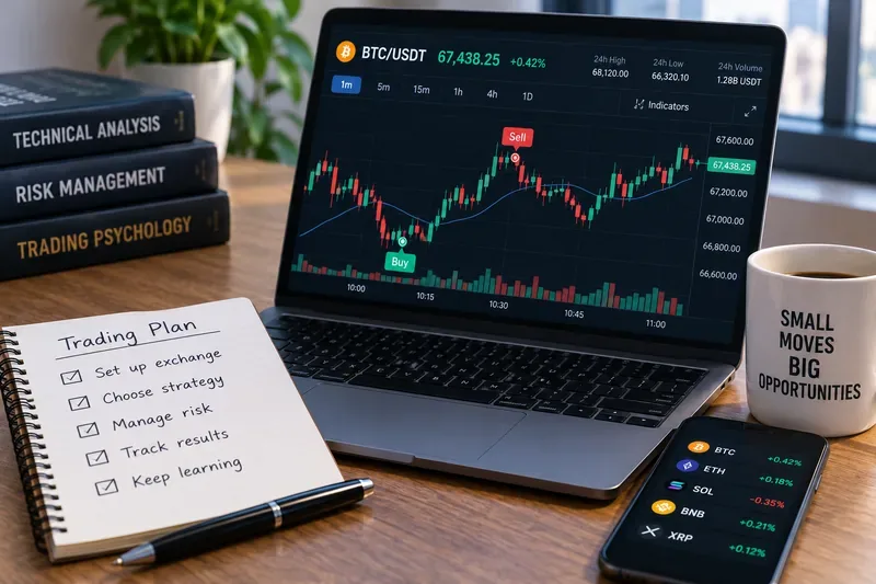 一台交易工作站，配備 BTC 交易對圖表、買賣標記、筆記本交易計劃和手機上的市場觀察清單。