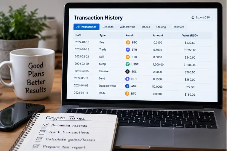 Laptop wyświetlający przykładową historię transakcji kryptowalutowych obok listy kontrolnej do zbierania zeznań podatkowych