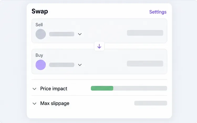 A conceptual DEX swap screen showing a shorter price-impact indicator after the sell size is reduced
