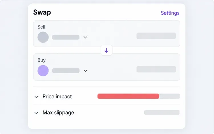 A conceptual DEX swap screen with separate Price impact and Max slippage rows