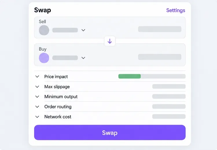 An expanded conceptual swap review showing Price impact, Max slippage, Minimum output, Order routing, and Network cost before swapping
