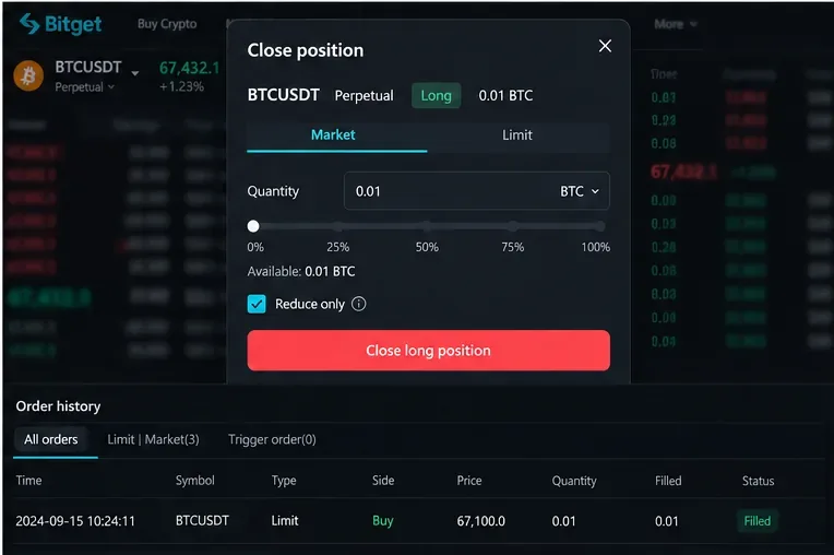 Reference view of a Bitget-style Close position dialog with Market and Limit tabs, quantity selector, Reduce only option, and order history below