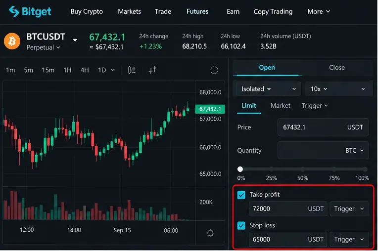 Reference view of a Bitget-style futures order panel with Take profit and Stop loss controls enabled below the main order fields