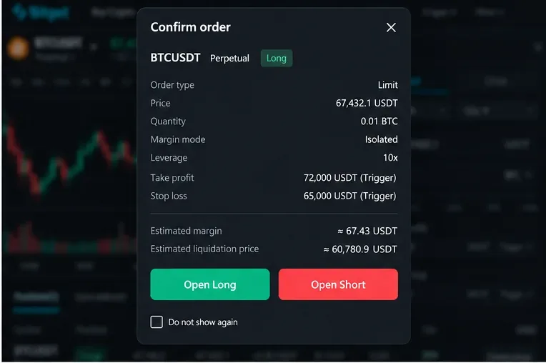 Reference view of a Bitget-style futures confirmation dialog summarizing BTCUSDT direction, order type, price, quantity, margin mode, leverage, TP/SL, estimated margin, and liquidation estimate