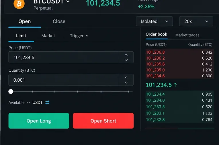 Reference view of a Bitget-style futures order ticket showing Limit, Market, and Trigger tabs, price and quantity fields, and Open Long and Open Short buttons
