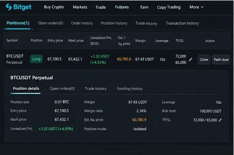 Reference view of a Bitget-style Positions panel showing entry price, mark price, unrealized PnL, estimated liquidation price, margin, leverage, and TP/SL levels