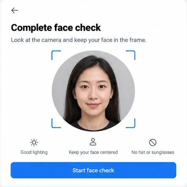 แบบทดสอบคัดกรองใบหน้าเบื้องต้น โดยมีใบหน้าหนึ่งอยู่ตรงกลาง คำแนะนำเรื่องแสงสว่างที่ดี และคำแนะนำไม่ให้สวมหมวก