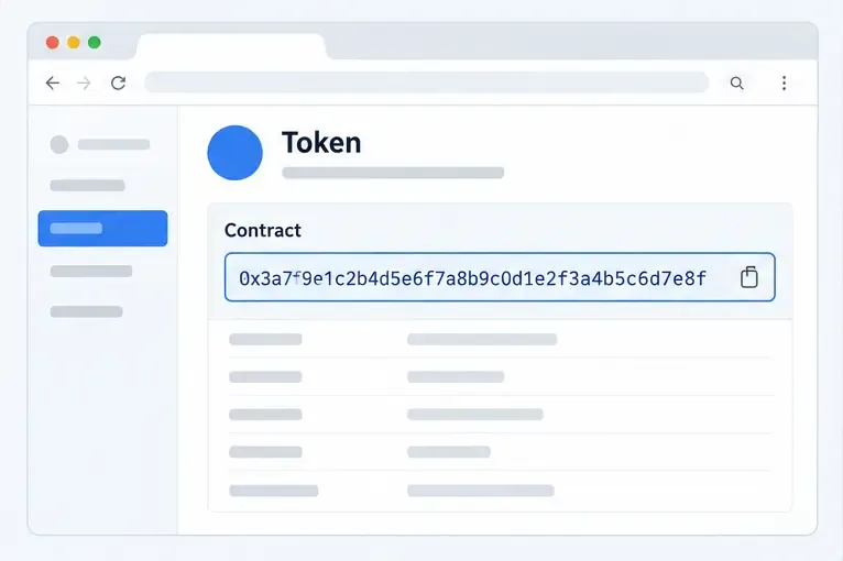 ภาพจำลองหน้าโทเค็นของ Blockchain Explorer โดยมีที่อยู่สัญญาถูกไฮไลต์อยู่ในหน้าต่างเบราว์เซอร์