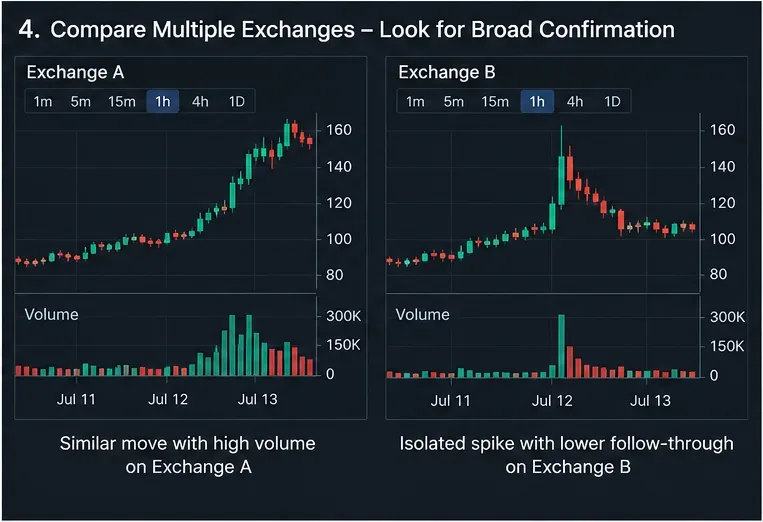仮想通貨取引所のチャートを並べて表示し、一方の取引所での広範囲にわたる大量上昇と、もう一方の取引所での局所的な急騰とその後の弱い推移を比較した。