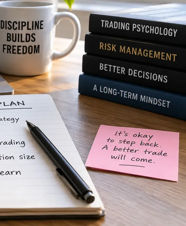 Neben einem Notizbuch und einer Notiz, die den Trader daran erinnert, dass sich eine neue Gelegenheit bieten wird, liegen Bücher über Handelspsychologie und Risikomanagement.