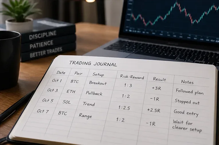 Diario de trading que enumera configuraciones de BTC, ETH y SOL con ratios riesgo-recompensa planificados, resultados de múltiplos R y breves notas de revisión.