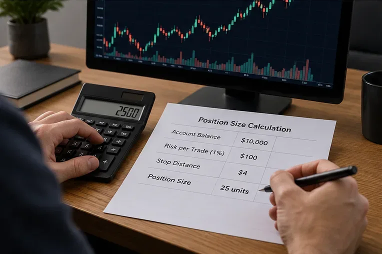 Operador que utiliza una calculadora y una hoja de cálculo de tamaño de posición con saldo de cuenta, riesgo por operación, distancia de stop y unidades calculadas.