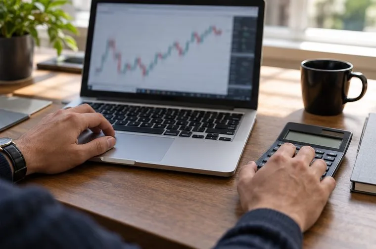 A trader checks a softly blurred currency chart on a laptop while using a calculator