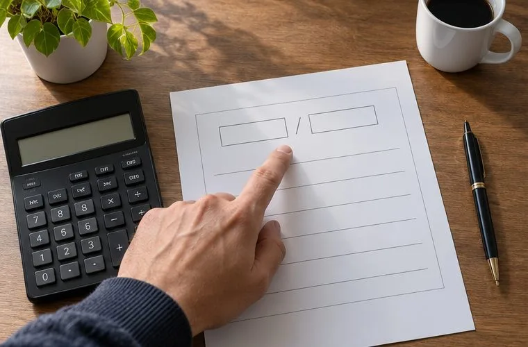A hand points to a blank currency-pair worksheet beside a calculator