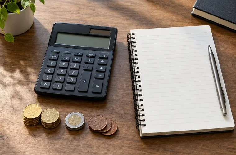 A calculator, blank notebook, pen, and several stacks of coins on a desk