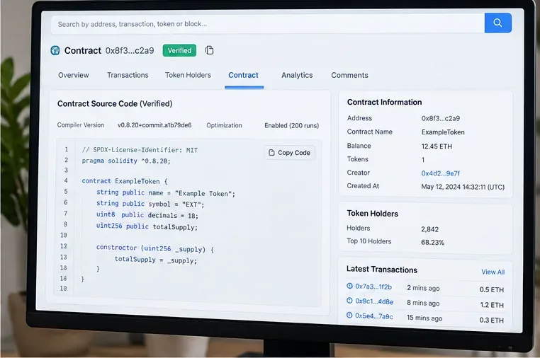 An illustrative verified smart contract explorer showing source code, compiler details, holder concentration, and recent transactions.