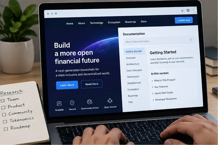 An illustrative project research screen with documentation, roadmap, ecosystem, and tokenomics sections open beside a handwritten due-diligence checklist.
