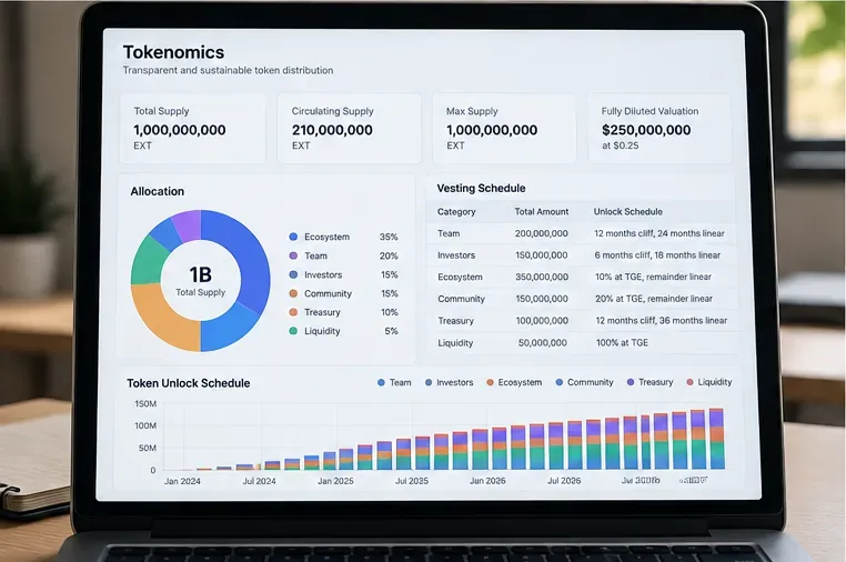 An illustrative tokenomics dashboard showing total supply, circulating supply, allocation categories, vesting schedules, and token unlocks.